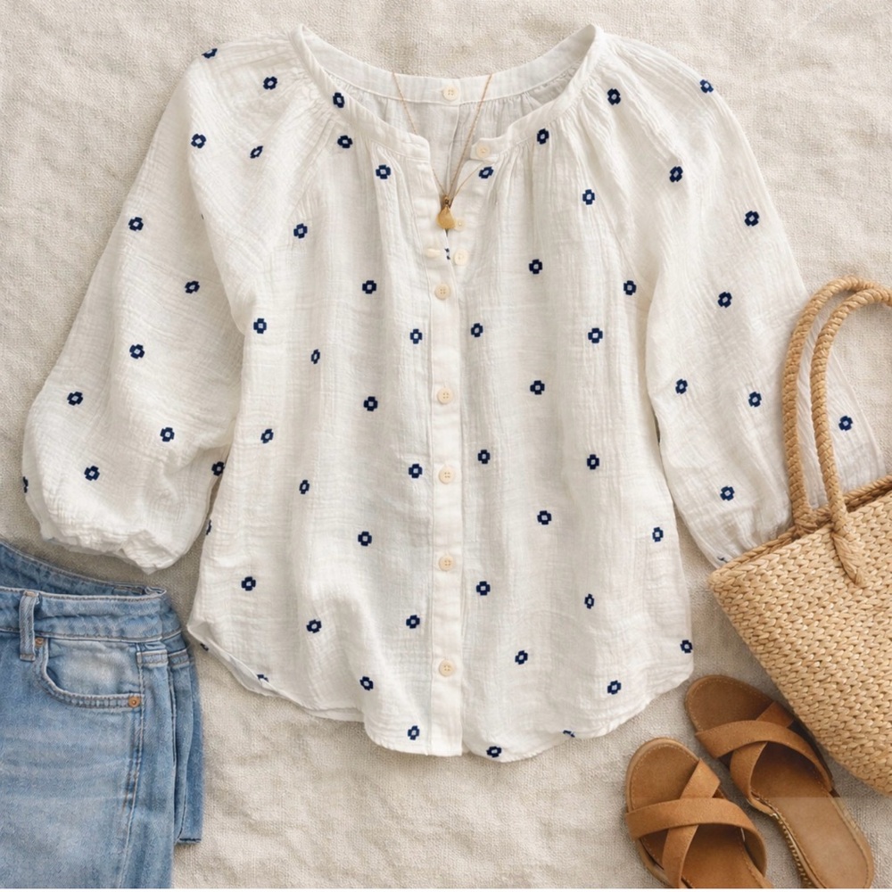 Madewell Embroidered Gauze Blouse Boho Coastal Peasant Top XXS